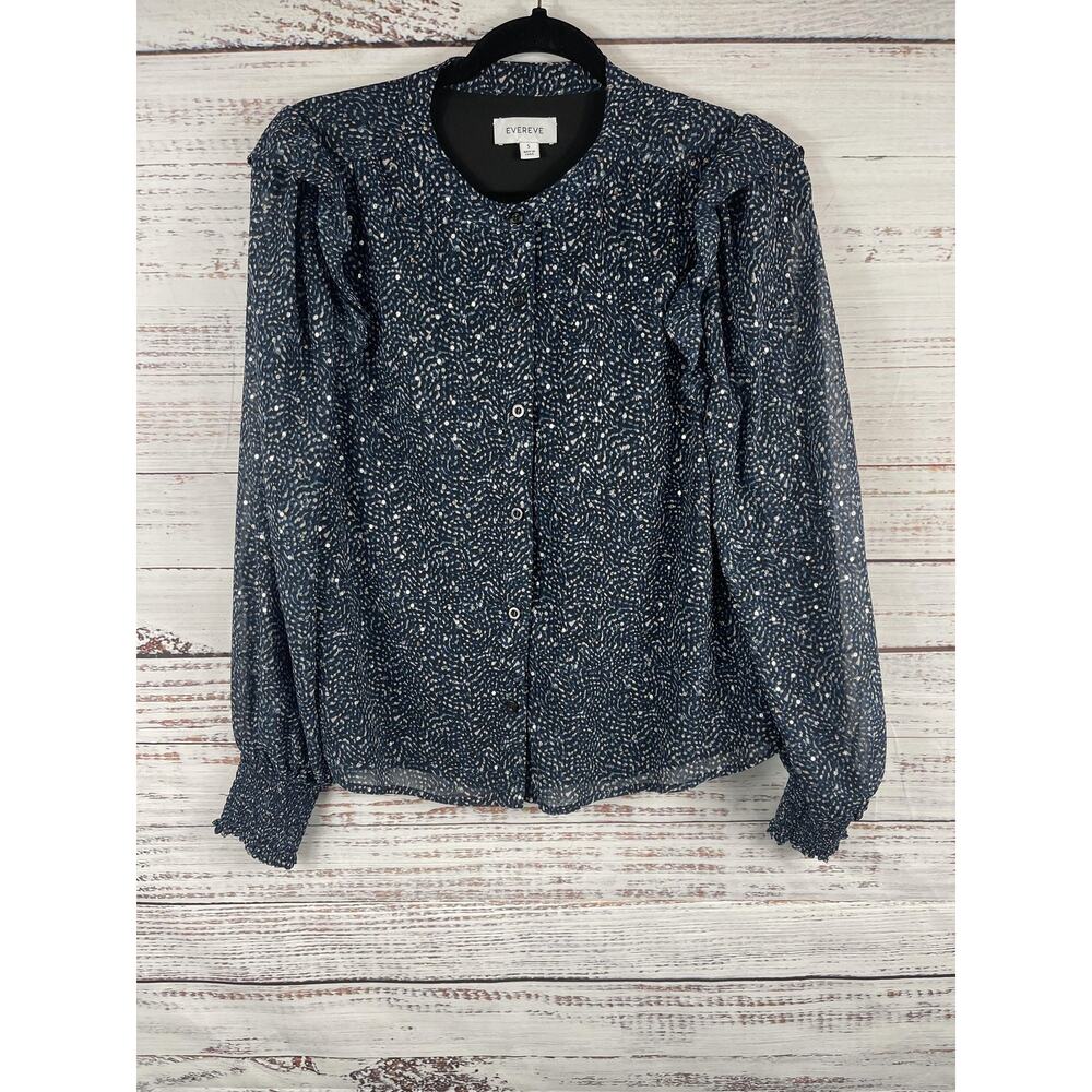 Evereve Blouse Womens Small Blue Animal Print Ruffle Long Sleeve Lined Chiffon